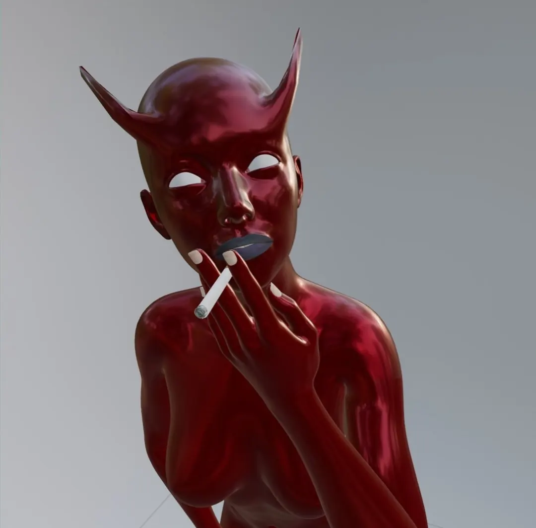 Anyone got a lighter?: a glossy red horned figure holding a cigarette