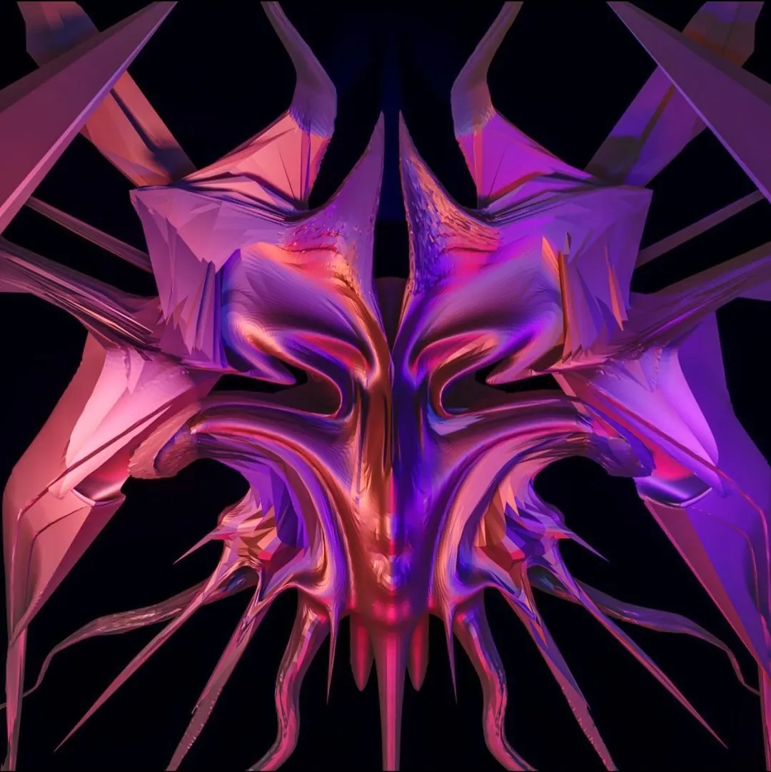 Rorschach experience: a symmetrical spiked chrome form in pink and violet