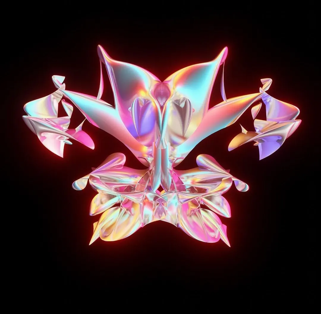 Some shapes: an iridescent chrome flower-like form glowing pink and cyan against black