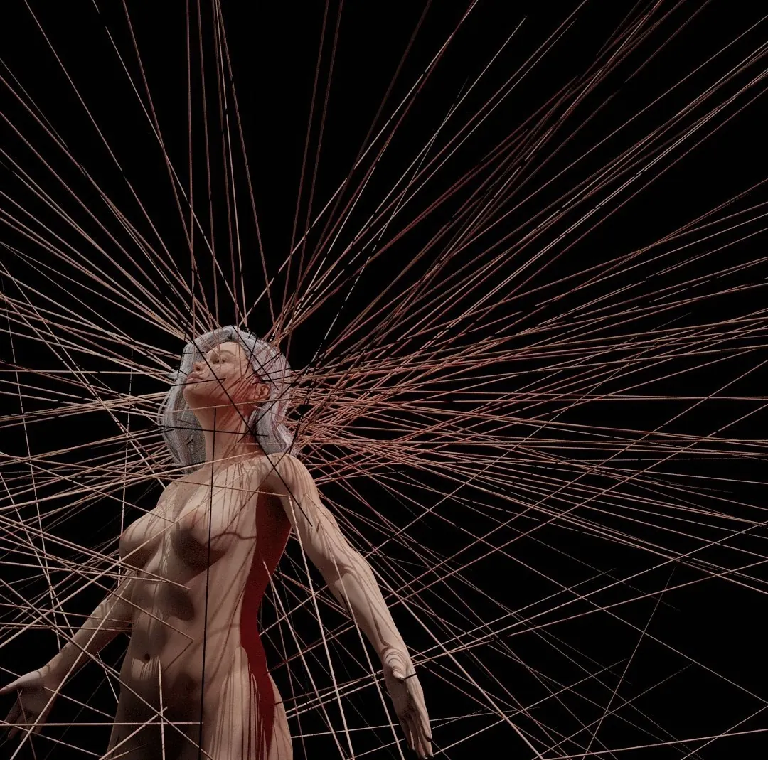 One too many thoughts: a figure with hundreds of thin red lines radiating from its head
