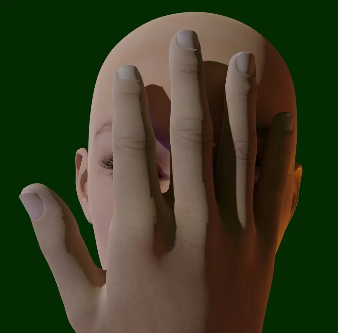 Not to be seen: a large hand covering a face against green